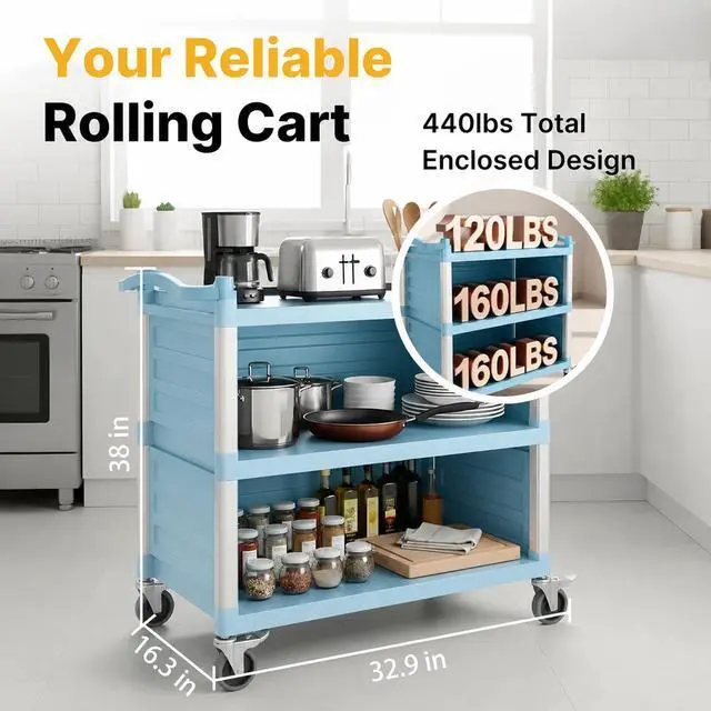 Alt view image 5 of 6 - Select Dual-Handle Utility Service Cart, 3 Shelves, 440 lb. Capacity