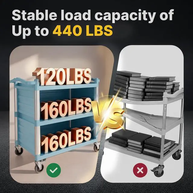 Alt view image 6 of 6 - Select Dual-Handle Utility Service Cart, 3 Shelves, 440 lb. Capacity