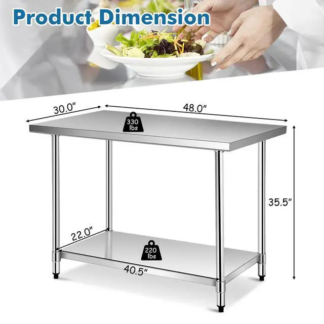 Alt view image 3 of 6 - 48 x 30 Inches Stainless Steel Work Table, Heavy Duty Commercial Kitchen Food Prep Table with Adjustable Under Shelf for Restaurant Garage Home Workstation
