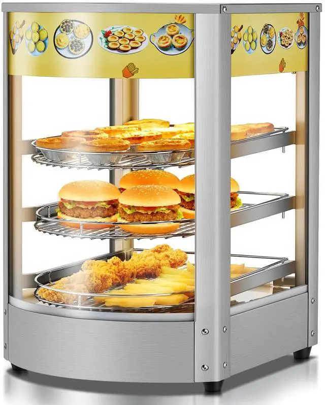 Main image of Professional Food Warmer Display, Commercial Grade 3-Tier Pizza Warmer Countertop, 4-Sided Glass Display LED Light, 86-185 Control, 42QT, Restaurant Quality 800W for Cafe Buffet
