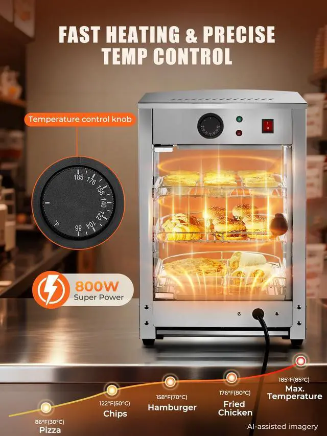 Alt view image 2 of 6 - Professional Food Warmer Display, Commercial Grade 3-Tier Pizza Warmer Countertop, 4-Sided Glass Display LED Light, 86-185 Control, 42QT, Restaurant Quality 800W for Cafe Buffet