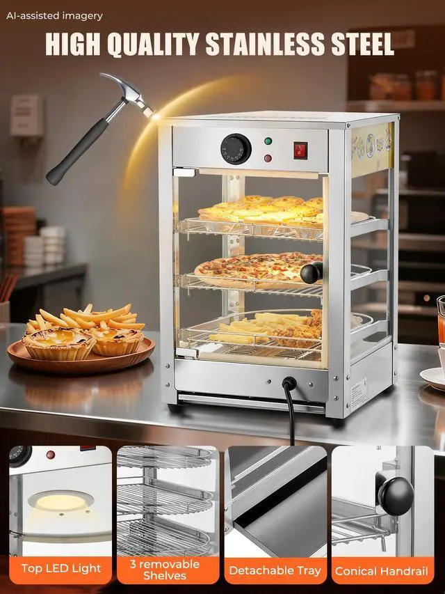 Alt view image 3 of 6 - Professional Food Warmer Display, Commercial Grade 3-Tier Pizza Warmer Countertop, 4-Sided Glass Display LED Light, 86-185 Control, 42QT, Restaurant Quality 800W for Cafe Buffet