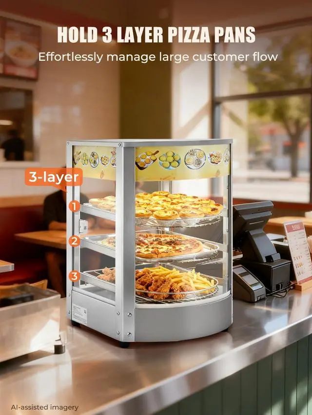 Alt view image 4 of 6 - Professional Food Warmer Display, Commercial Grade 3-Tier Pizza Warmer Countertop, 4-Sided Glass Display LED Light, 86-185 Control, 42QT, Restaurant Quality 800W for Cafe Buffet