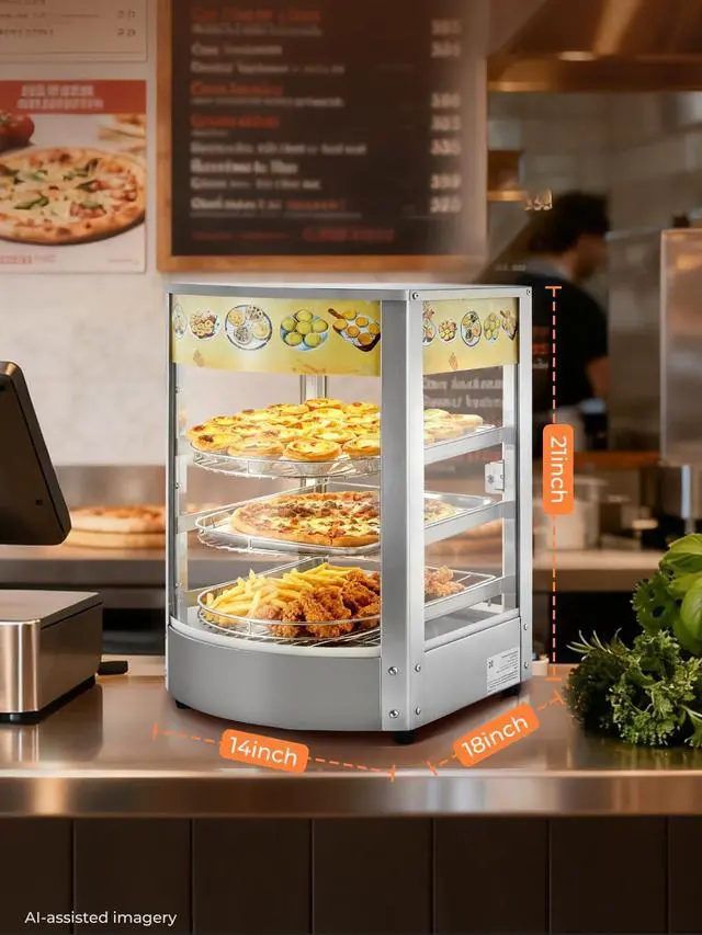 Alt view image 5 of 6 - Professional Food Warmer Display, Commercial Grade 3-Tier Pizza Warmer Countertop, 4-Sided Glass Display LED Light, 86-185 Control, 42QT, Restaurant Quality 800W for Cafe Buffet