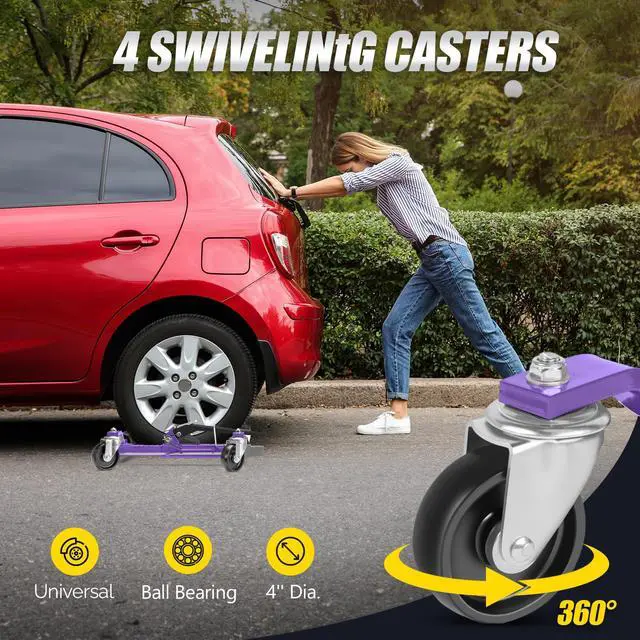Alt view image 4 of 6 - Car Wheel Dolly Jack Set of 2, Mechanical 3000-lbs Car Skates, 12'' Wheel Vehicle Positioning Jack, Heavy Duty Rollers with Ratcheting Foot Pedal for Tire Auto Repair Moving, Purple