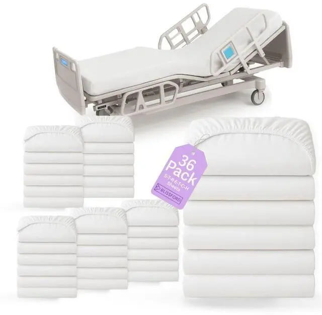 Main image of 36 Pack Fitted Hospital Bed Sheets with Elastic All Around for a Cotton Rich Soft Knitted Jersey Sheet, 36 x 84 x 12 | Perfect Fit, Elastic All Around, Fitted