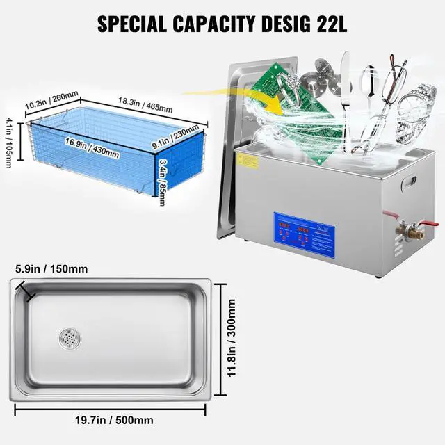 Alt view image 6 of 6 - 22L Industrial Sonic Cleaner with Digital Timer&Heater 40kHz Professional Sonic Cleaner 110V with Excellent Cleaning Effect for Wrench Tools Industrial Parts Mental Apparatus