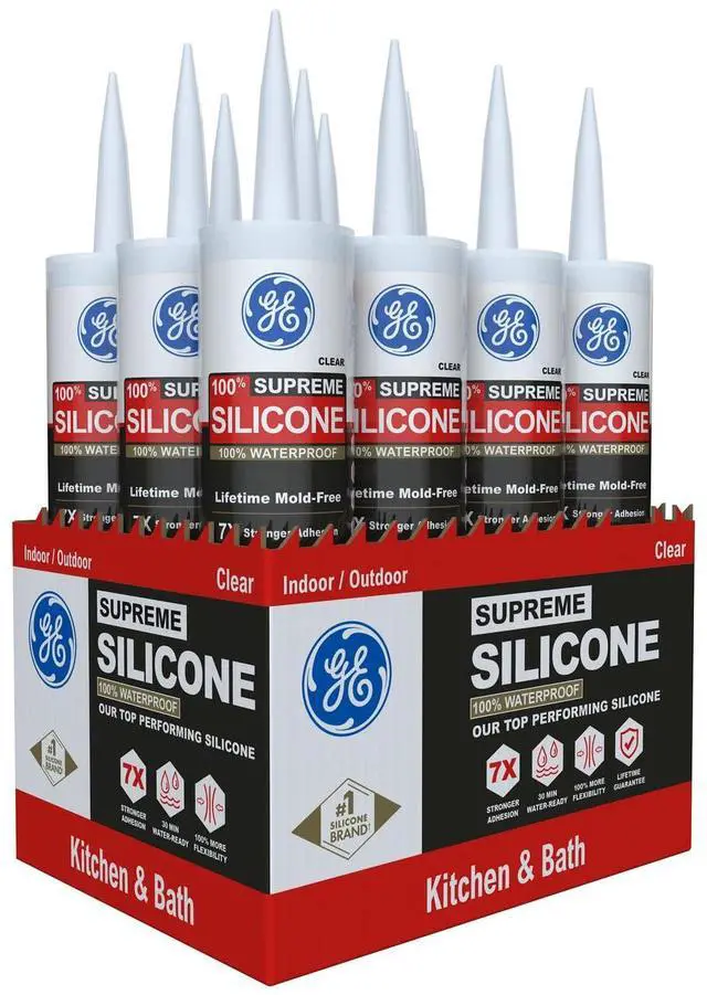 Main image of Supreme Silicone Caulk for Kitchen & Bathroom, Clear, 10 fl oz Cartrid, 12 Pack - 100% Waterproof Silicone Sealant, 7X Stronr Adhesion, Shrink & Crack Proof