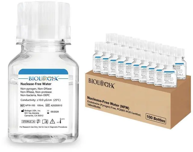 Main image of Ultra Pure Water, Nuclease Free Water Molecular Biology Grade, Sterilization, DNase, RNase, Protease, Endotoxins (Pyrogen) Free, PCR/RT-PCR Certified, 100ml/Bottle, 100 Bottles/Case