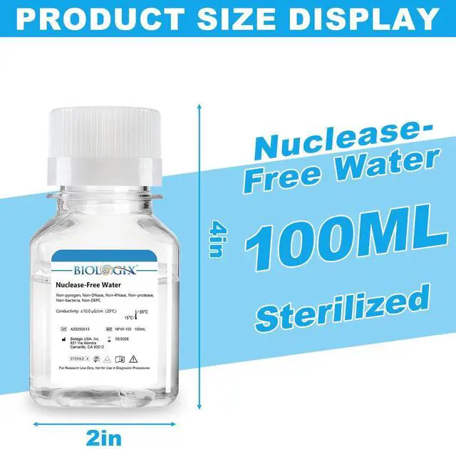 Alt view image 2 of 6 - Ultra Pure Water, Nuclease Free Water Molecular Biology Grade, Sterilization, DNase, RNase, Protease, Endotoxins (Pyrogen) Free, PCR/RT-PCR Certified, 100ml/Bottle, 100 Bottles/Case