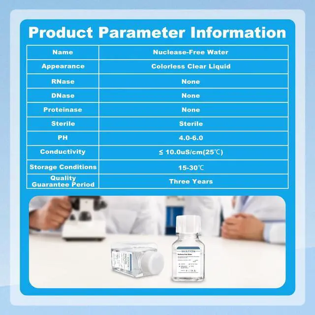 Alt view image 4 of 6 - Ultra Pure Water, Nuclease Free Water Molecular Biology Grade, Sterilization, DNase, RNase, Protease, Endotoxins (Pyrogen) Free, PCR/RT-PCR Certified, 100ml/Bottle, 100 Bottles/Case