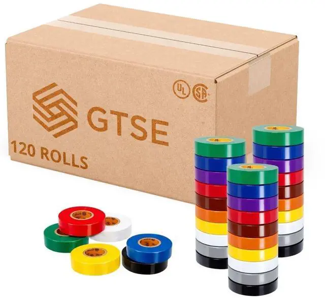 Main image of Mixed Colors Electrical Tape, 120-Pack Waterproof, Industrial Grade Vinyl, 3/4 in x 66ft Strong Self-Adhesive PVC Electric Tape for Wire Insulation, 7 Mil, 600V UL/CSA Listed