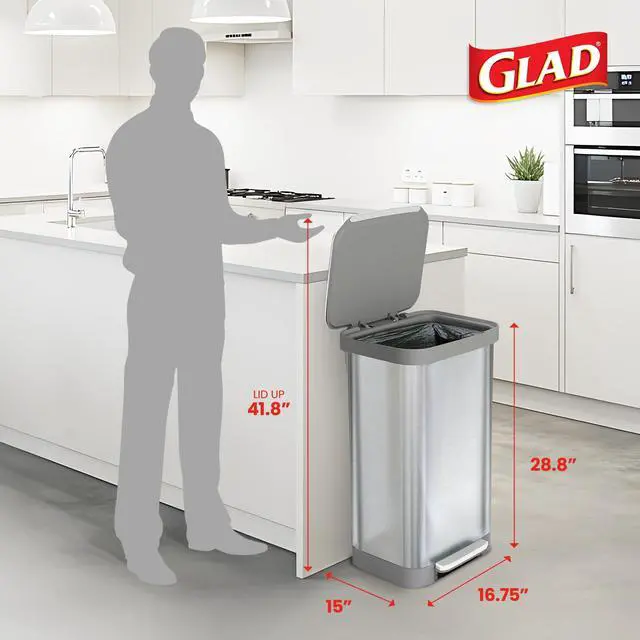 Alt view image 2 of 6 - 20 Gallon All Brushed Stainless Steel Trash Can with Clorox Odor Protection | Large Metal Kitchen Garbage Bin with Soft Close Lid, Garbage Bag Rings, Step On Foot Pedal and Waste Bag Roll Holder