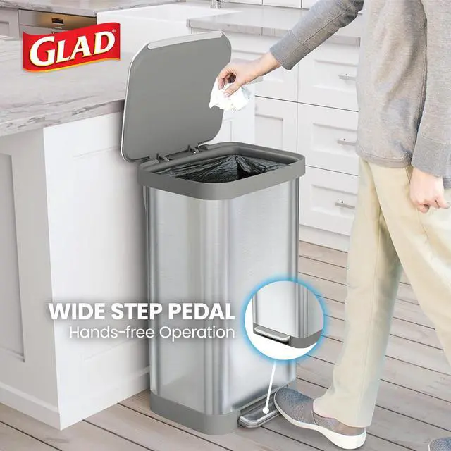 Alt view image 4 of 6 - 20 Gallon All Brushed Stainless Steel Trash Can with Clorox Odor Protection | Large Metal Kitchen Garbage Bin with Soft Close Lid, Garbage Bag Rings, Step On Foot Pedal and Waste Bag Roll Holder