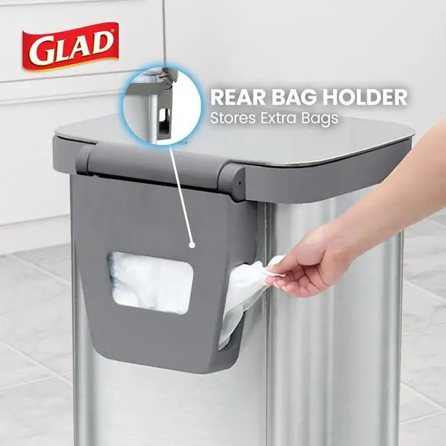 Alt view image 5 of 6 - 20 Gallon All Brushed Stainless Steel Trash Can with Clorox Odor Protection | Large Metal Kitchen Garbage Bin with Soft Close Lid, Garbage Bag Rings, Step On Foot Pedal and Waste Bag Roll Holder