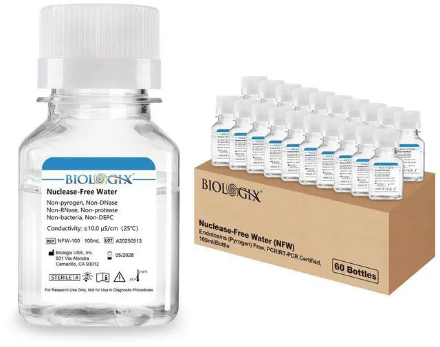 Main image of Ultra Pure Water, Nuclease Free Water Molecular Biology Grade, Sterilization, DNase, RNase, Protease, Endotoxins (Pyrogen) Free, PCR/RT-PCR Certified, 100ml/Bottle, 60 Bottles/Case