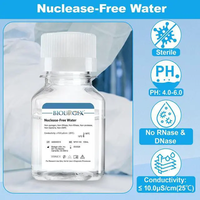 Alt view image 3 of 6 - Ultra Pure Water, Nuclease Free Water Molecular Biology Grade, Sterilization, DNase, RNase, Protease, Endotoxins (Pyrogen) Free, PCR/RT-PCR Certified, 100ml/Bottle, 60 Bottles/Case