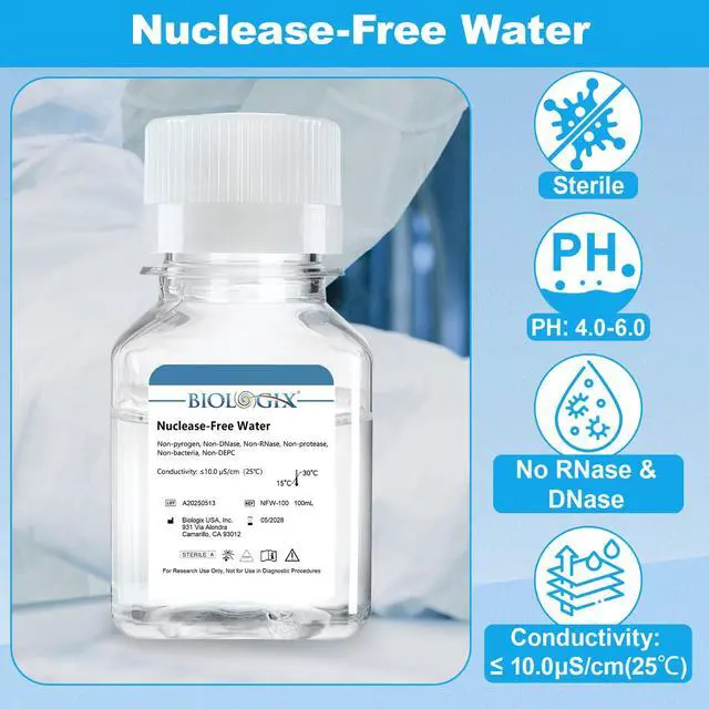 Alt view image 3 of 6 - Ultra Pure Water, Nuclease Free Water Molecular Biology Grade, Sterilization, DNase, RNase, Protease, Endotoxins (Pyrogen) Free, PCR/RT-PCR Certified, 100ml/Bottle, 40 Bottles/Case