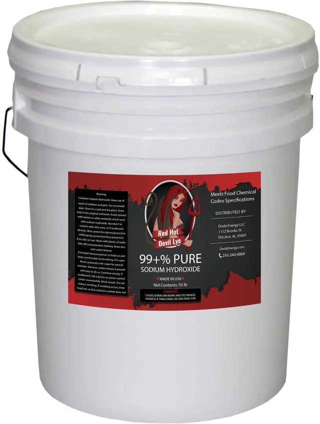 Main image of 50 lb Pail Red Hot Devil Lye Sodium Hydroxide Meets Food Chemical Codex High Grade Caustic Soda Beads
