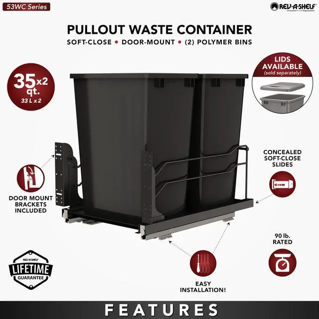 Alt view image 3 of 6 - Steel Double Pullout Waste Container with Soft-Close, 35 Quart, Black - Sliding Garbage Bin System with Dual Trash Can for 18" Home Kitchen Base Cabinet, 53WC-1835SCDM-218
