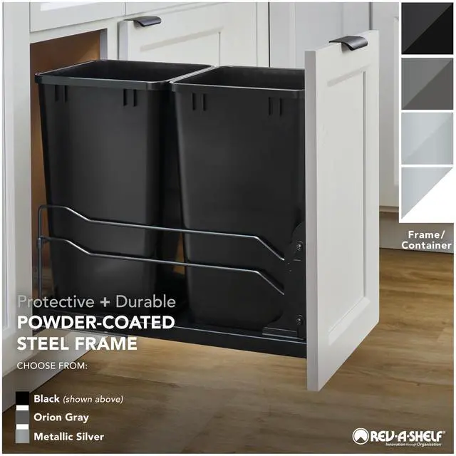 Alt view image 6 of 6 - Steel Double Pullout Waste Container with Soft-Close, 35 Quart, Black - Sliding Garbage Bin System with Dual Trash Can for 18" Home Kitchen Base Cabinet, 53WC-1835SCDM-218