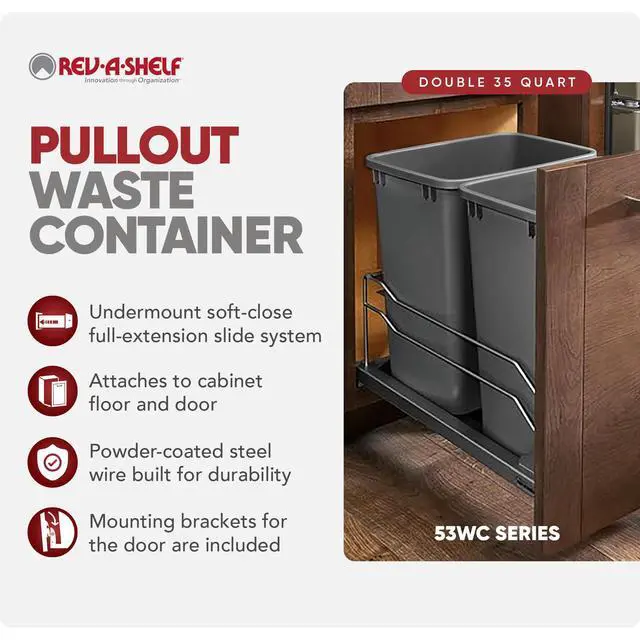Alt view image 2 of 6 - Double 35 Qt Pullout Trash Cans with Soft-Close for Under Kitchen Cabinets, Min Opening Width of 14.5", Orion Gray, 53WC-1835SCDM-213
