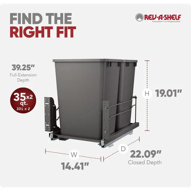 Alt view image 3 of 6 - Double 35 Qt Pullout Trash Cans with Soft-Close for Under Kitchen Cabinets, Min Opening Width of 14.5", Orion Gray, 53WC-1835SCDM-213
