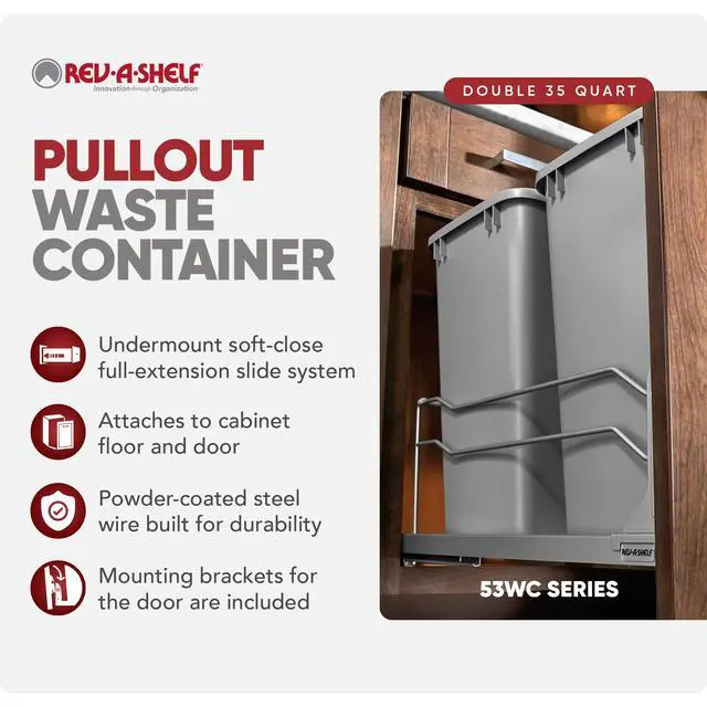 Alt view image 2 of 6 - Double 35 Qt Pullout Trash Cans with Soft-Close for Under Kitchen Cabinets, Min Opening Width of 14.5", Metallic Silver, 53WC-1835SCDM-217