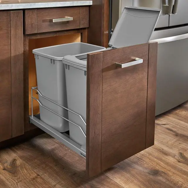 Alt view image 5 of 6 - Double 35 Qt Pullout Trash Cans with Soft-Close for Under Kitchen Cabinets, Min Opening Width of 14.5", Metallic Silver, 53WC-1835SCDM-217