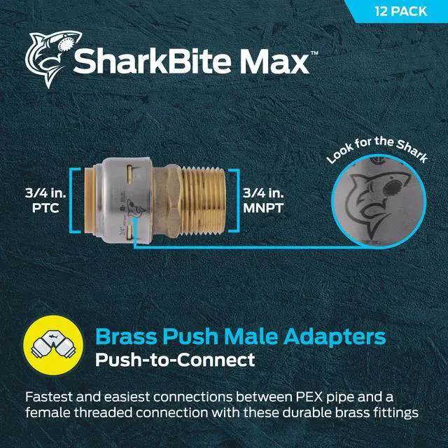 Alt view image 2 of 4 - Max Male Adapter, 3/4 in Push-to-Connect x 3/4 in MNPT, Pack of 12, Brass Plumbing Fitting, UR134