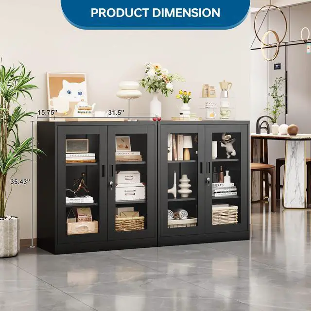 Alt view image 2 of 6 - Display Cabinet with Acrylic Doors, 35.4 Inches Metal Curio Storage Cabinet with 2 Adjustable Shelves, Locking Display Case for Home, Office, Clinic, Pantry, Assemble Required (Black)