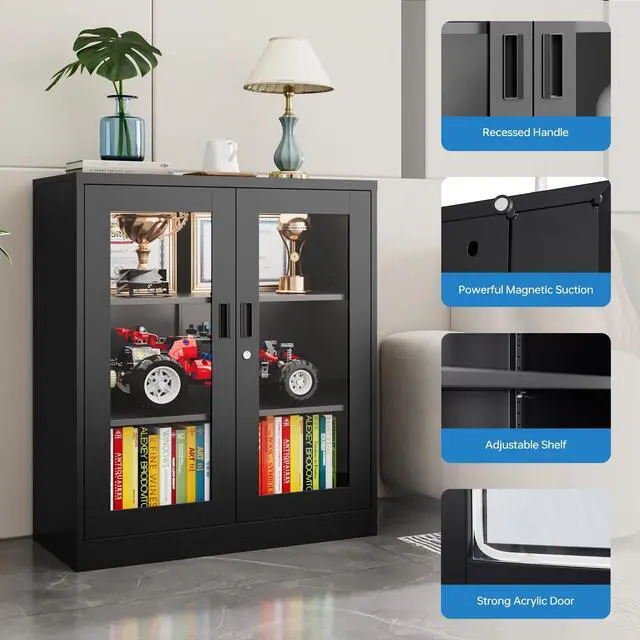 Alt view image 3 of 6 - Display Cabinet with Acrylic Doors, 35.4 Inches Metal Curio Storage Cabinet with 2 Adjustable Shelves, Locking Display Case for Home, Office, Clinic, Pantry, Assemble Required (Black)