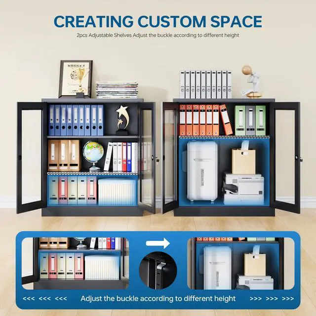 Alt view image 4 of 6 - Display Cabinet with Acrylic Doors, 35.4 Inches Metal Curio Storage Cabinet with 2 Adjustable Shelves, Locking Display Case for Home, Office, Clinic, Pantry, Assemble Required (Black)