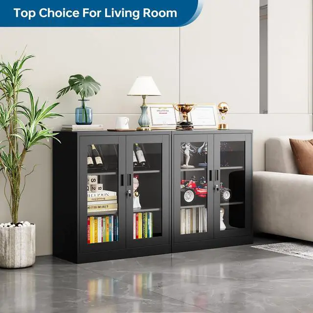 Alt view image 5 of 6 - Display Cabinet with Acrylic Doors, 35.4 Inches Metal Curio Storage Cabinet with 2 Adjustable Shelves, Locking Display Case for Home, Office, Clinic, Pantry, Assemble Required (Black)