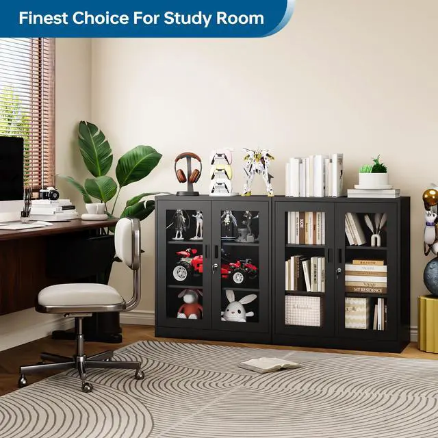 Alt view image 6 of 6 - Display Cabinet with Acrylic Doors, 35.4 Inches Metal Curio Storage Cabinet with 2 Adjustable Shelves, Locking Display Case for Home, Office, Clinic, Pantry, Assemble Required (Black)