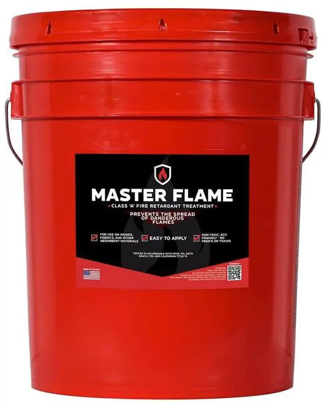 Main image of Master Flame Class A Fire Retardant Spray for Wood, Fabric, Cotton & More - Non-Toxic Flame Retardant Coating - Meets NFPA 701 & ASTM E84 - Made in USA - Easy to Apply and Dries Clear - 5 Gallon Pail