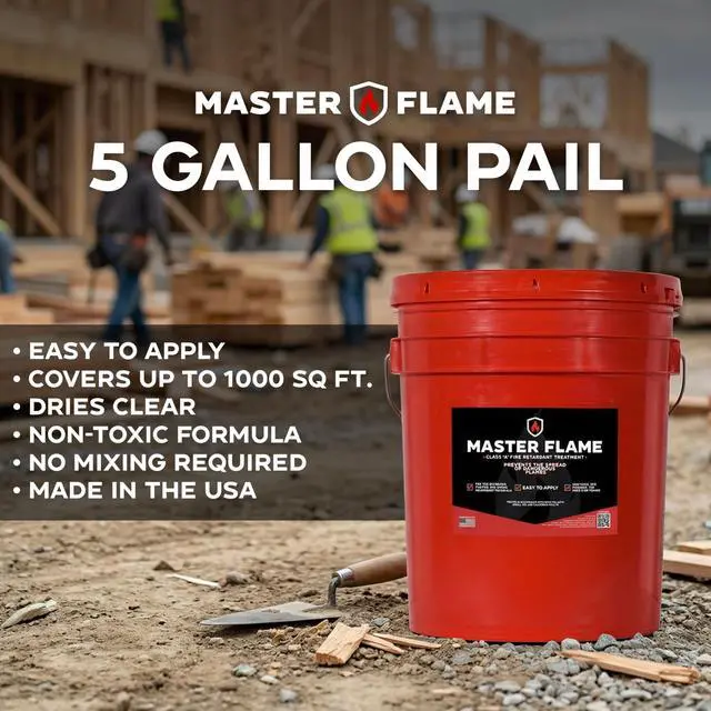 Alt view image 3 of 6 - Master Flame Class A Fire Retardant Spray for Wood, Fabric, Cotton & More - Non-Toxic Flame Retardant Coating - Meets NFPA 701 & ASTM E84 - Made in USA - Easy to Apply and Dries Clear - 5 Gallon Pail