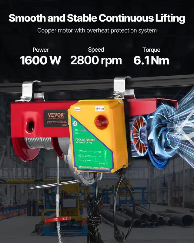 Alt view image 4 of 6 - 2200lbs Electric Hoist with Wireless Remote Control,110v Electric Hoist with Remote Control, 40ft/20ft Lifting Height & Motor, for Garage Warehouse Factory