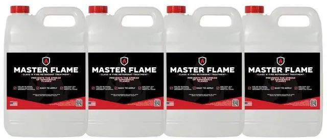 Main image of Master Flame Class A Fire Retardant Spray for Wood, Fabric, Cotton & More - Non-Toxic Flame Retardant Coating - Meets NFPA 701 & ASTM E84 - Made in USA - Easy to Apply and Dries Clear - 4 Gallon Case