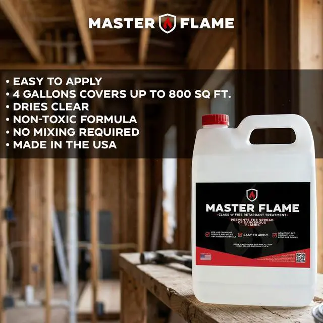 Alt view image 3 of 6 - Master Flame Class A Fire Retardant Spray for Wood, Fabric, Cotton & More - Non-Toxic Flame Retardant Coating - Meets NFPA 701 & ASTM E84 - Made in USA - Easy to Apply and Dries Clear - 4 Gallon Case