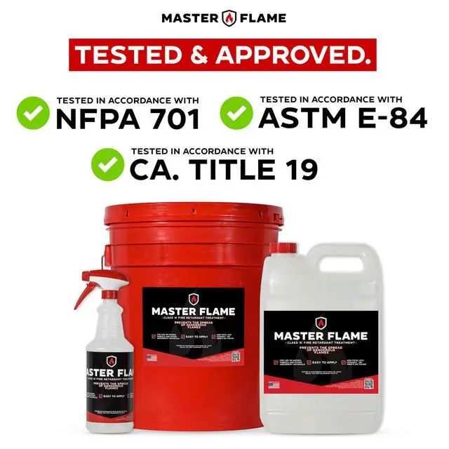 Alt view image 4 of 6 - Master Flame Class A Fire Retardant Spray for Wood, Fabric, Cotton & More - Non-Toxic Flame Retardant Coating - Meets NFPA 701 & ASTM E84 - Made in USA - Easy to Apply and Dries Clear - 4 Gallon Case
