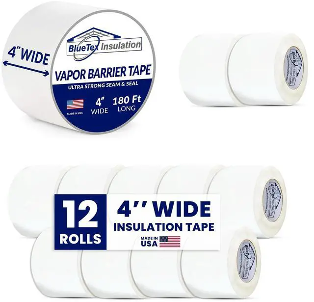 Main image of 4'' Wide x 180' Long White Vapor Barrier Tape - 12 Rolls, Waterproofing for Stucco, Crawlspaces, Repair, Underlayment Seams, Metal Building Seams, Excellent Air Barrier