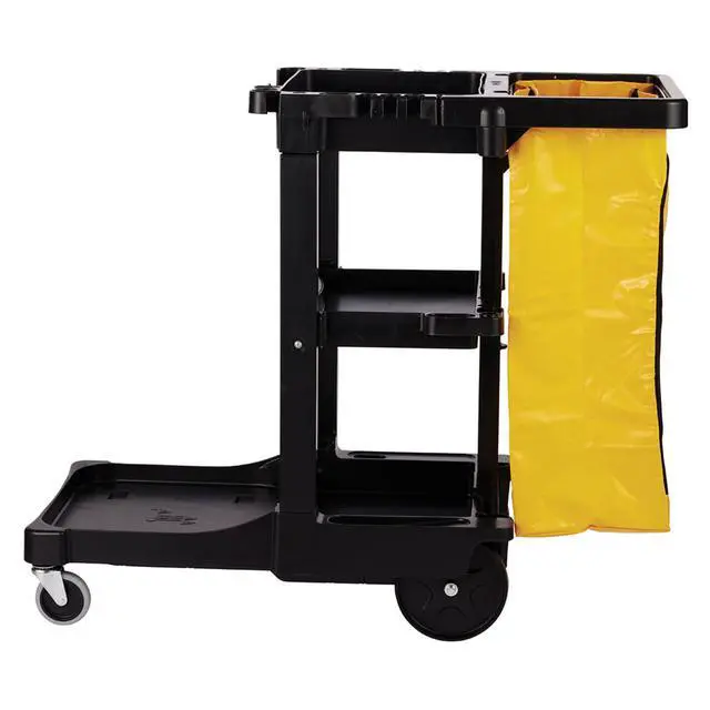 Alt view image 2 of 6 - Rubbermaid Commercial Traditional Janitorial 3-Shelf Cleaning Cart, Wheeled with Zippered Yellow Vinyl Bag, for Business/School/Office/Janatorial Cleaning