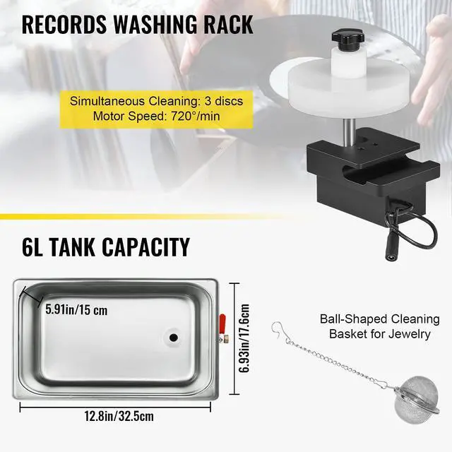 Alt view image 2 of 6 - Ultrasonic Vinyl Record Cleaner 6L 40kHz Vinyl Ultrasonic Cleaning Machine Knob Control Record Ultrasonic Cleaner 4 Records Vinyl Sonic Cleaner Stainless Steel Tank w/Mechanical Heater & Timer