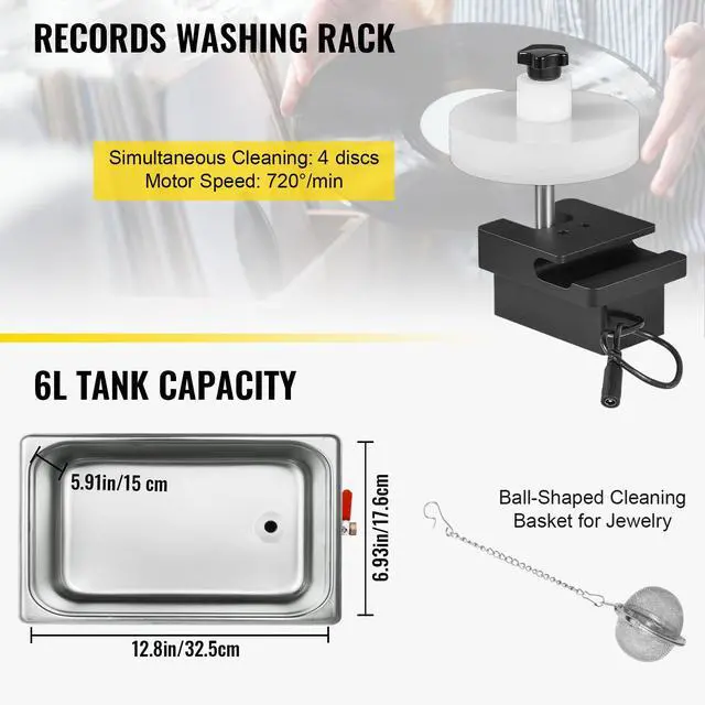 Alt view image 6 of 6 - Ultrasonic Vinyl Record Cleaner 6L 40kHz Vinyl Ultrasonic Cleaning Machine Knob Control Record Ultrasonic Cleaner 4 Records Vinyl Sonic Cleaner Stainless Steel Tank w/Mechanical Heater & Timer