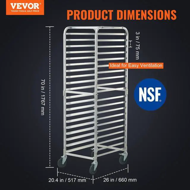 Alt view image 2 of 6 - Bun Pan Rack, 20-Tier Commercial Bakery Racks with Brake Wheels, Aluminum Racking Trolley Storage for Half & Full Sheet, Speed Rack For Kitchen Home, Bread Baking Equipment, 26"L x 20.4"W x 70"H