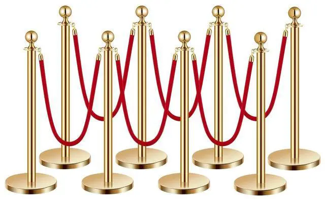 Main image of Stanchions and Velvet Ropes 8Pcs, Hollow Base with Stainless Steel Post, 6 Red Velvet Ropes and Posts, Crowd Control Barriers Gold Stanchions, Red Carpet Runner Poles for Party Supplies