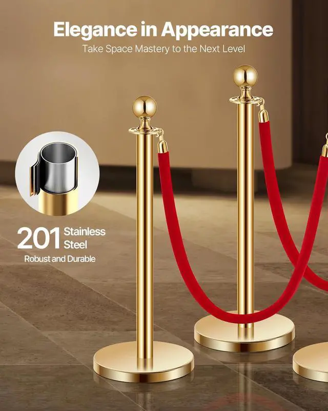 Alt view image 2 of 6 - Stanchions and Velvet Ropes 8Pcs, Hollow Base with Stainless Steel Post, 6 Red Velvet Ropes and Posts, Crowd Control Barriers Gold Stanchions, Red Carpet Runner Poles for Party Supplies