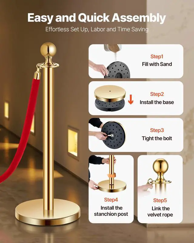 Alt view image 4 of 6 - Stanchions and Velvet Ropes 8Pcs, Hollow Base with Stainless Steel Post, 6 Red Velvet Ropes and Posts, Crowd Control Barriers Gold Stanchions, Red Carpet Runner Poles for Party Supplies