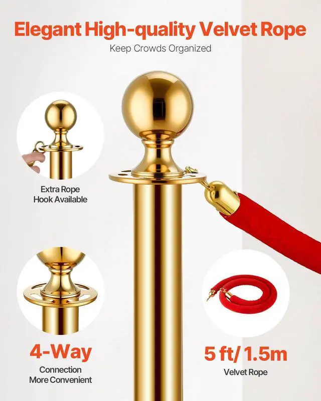 Alt view image 6 of 6 - Stanchions and Velvet Ropes 8Pcs, Hollow Base with Stainless Steel Post, 6 Red Velvet Ropes and Posts, Crowd Control Barriers Gold Stanchions, Red Carpet Runner Poles for Party Supplies